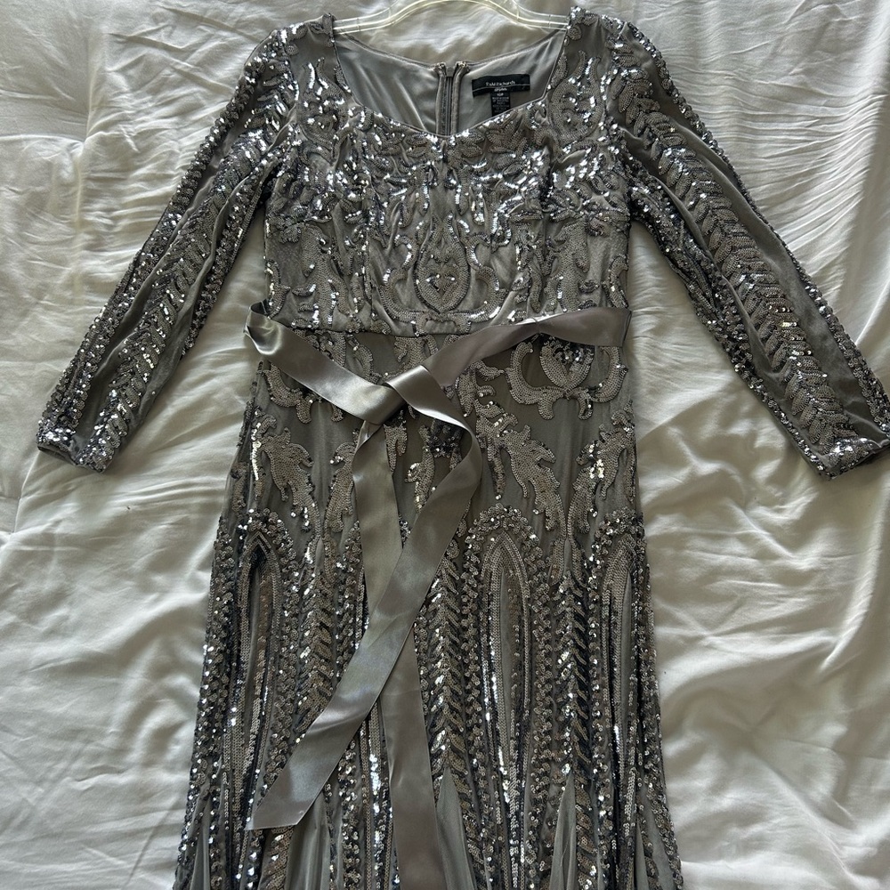 R&M Richards Silver Sequin Long Sleeve Gown